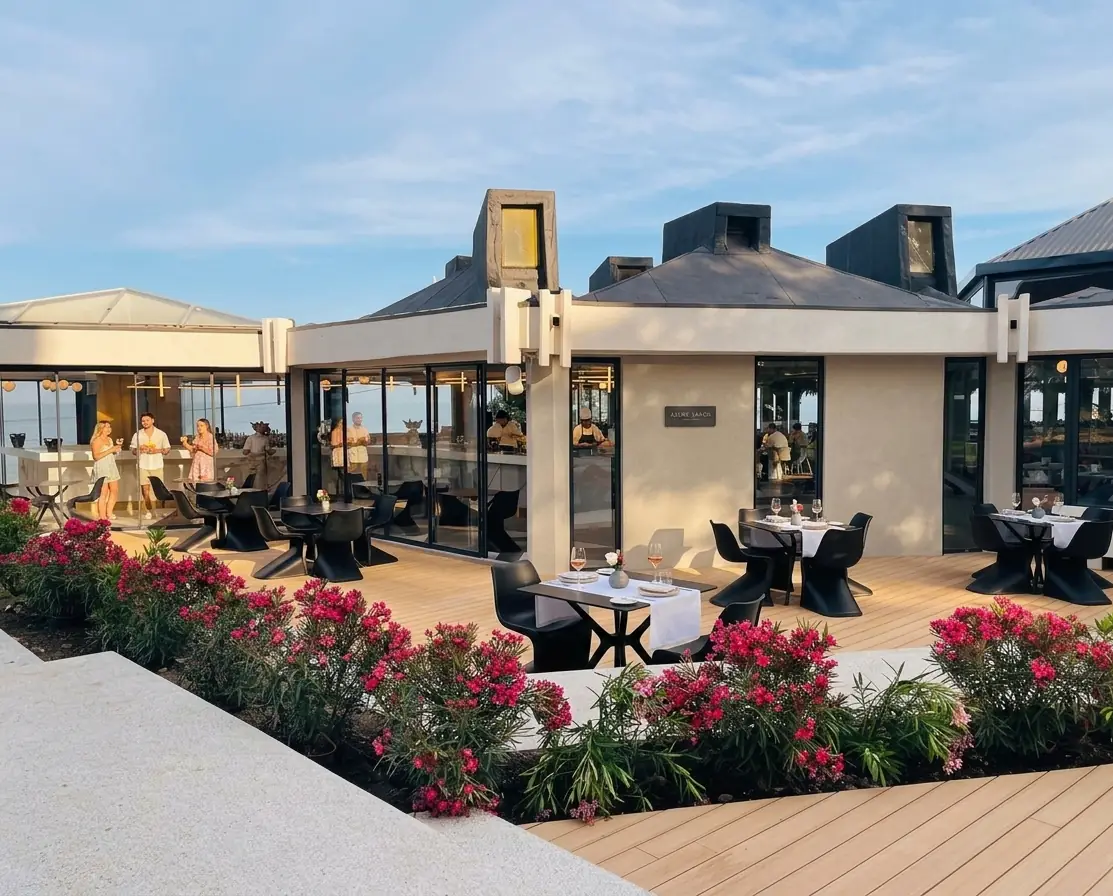 Seaside terrace restaurant at sunset