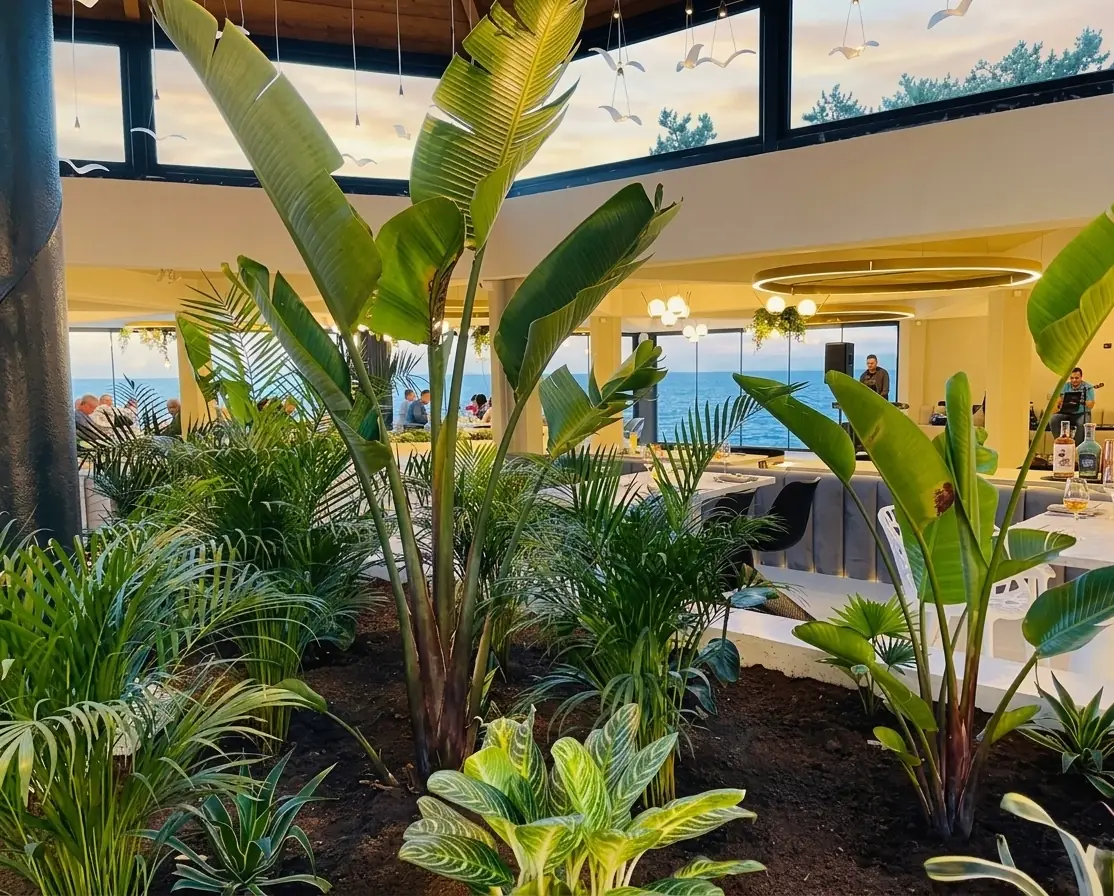Tropical interior of the seafront restaurant