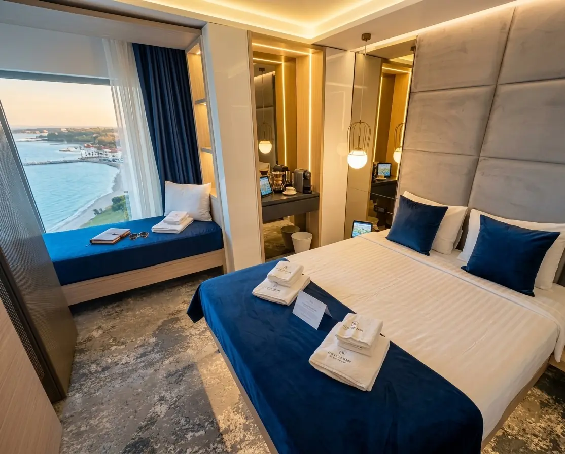 Comfortable double room overlooking the bay