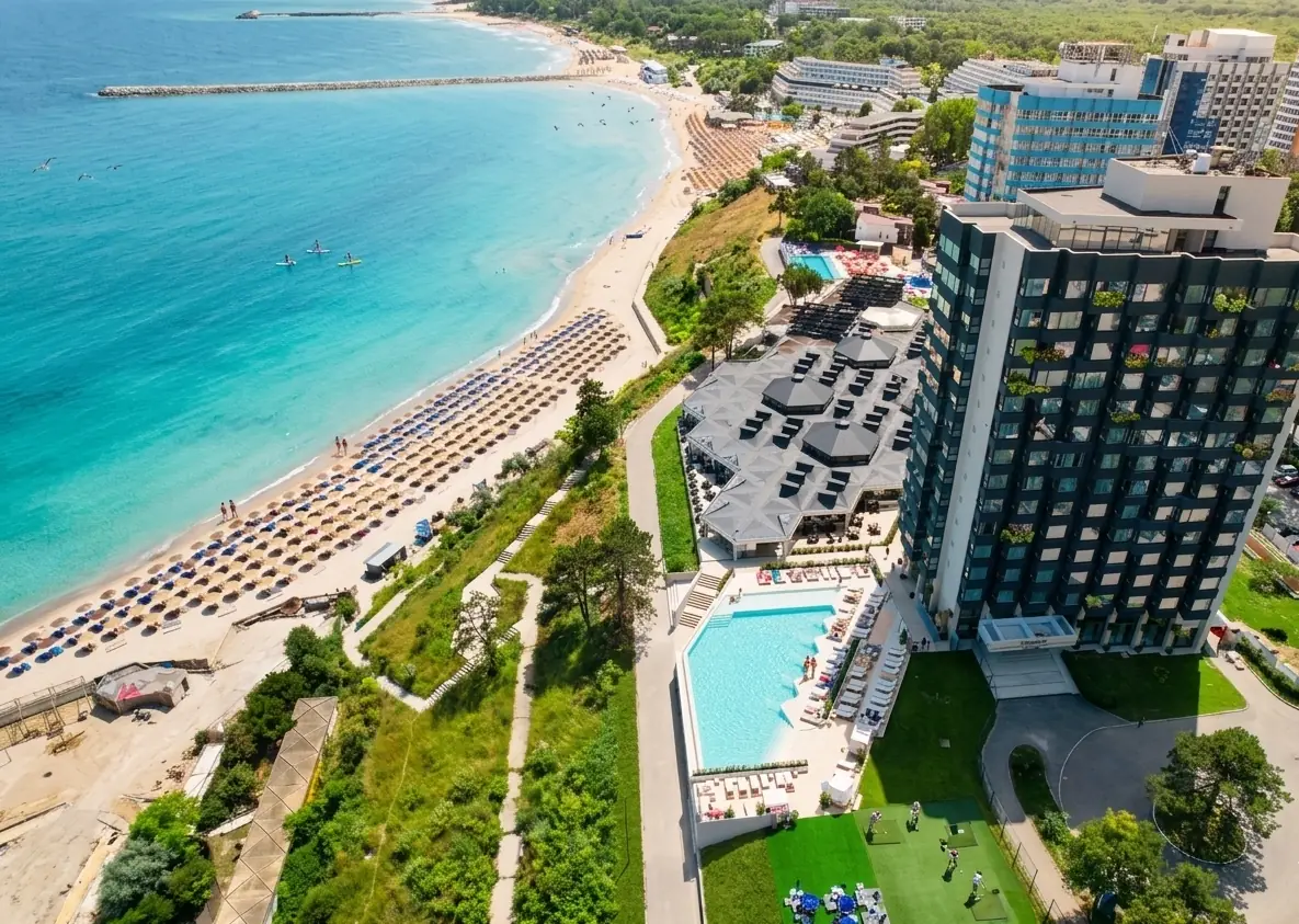 Aerial view of the resort, pool and Black Sea beach